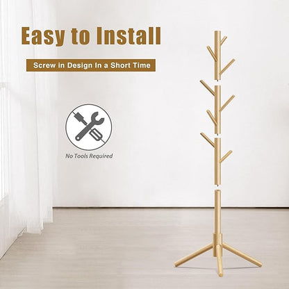 Coat Rack, Coat Racks Freestanding with 8 Hooks 3 Adjustable Heights for Clothes, Hats, Handbags, Coat Tree Easy Assembly for Entryway, Bedroom, Hallway, Office(Nature 2PCS)