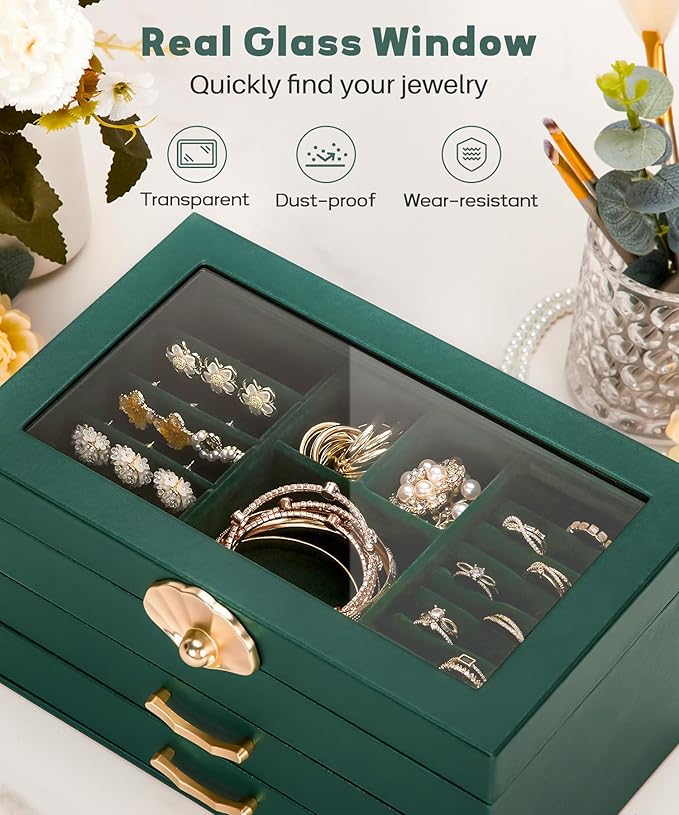 Jewelry Box with 2 Drawers: Display Organizer for Earrings Necklaces - Christmas Gifts for Girls Women (Forest Green)