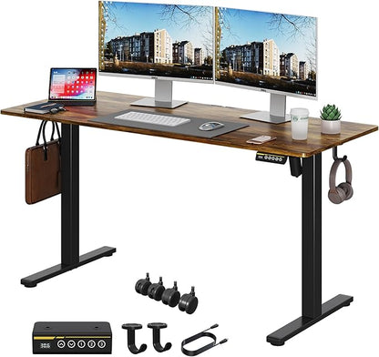 Large Electric Standing Desk,55x24 Inches Adjustable Height Stand up Desk, Sit Stand Home Office Desk, 3 Preset Heights,Equipped with Hooks,Ergonomic Computer Desk Workstation，Brown