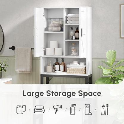 USHOWER Over The Toilet Storage Cabinet, Bathroom Organizers and Storage with Barn Doors, Thicken Metal Stand & MDF Wood Above Toilet Storage Cabinet, Freestanding Space Saver, White