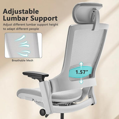 CLATINA Ergonomic High Swivel Executive Chair with Adjustable Height Head 3D Arm Rest Lumbar Support and Upholstered Back for Home Office Gray Mesh/High Back