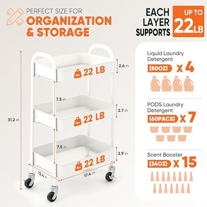 Sekey 3 Tier Metal Rolling Cart, No Screws Assemble Kitchen Cart, White Utility Cart on Wheels, Mini Rolling Carts for Small Spaces, Bathroom Storage, Bedside, Office, Food, Snack, Craft
