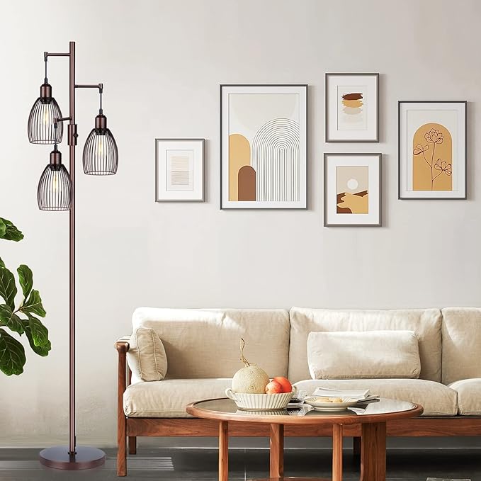 Torondo Dimmable Floor Lamp, Industrial Floor Lamps for Living Room, Brown Tree Lamp Standing Lamp Tall Lamps with 3 Elegant Teardrop Cage Head & 800 Lumens LED Bulbs for Living Room Bedroom Office