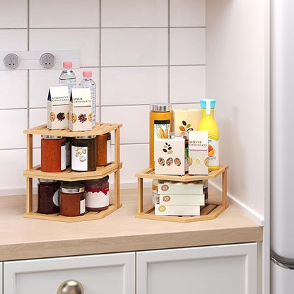 VERTORGAN Bamboo Corner Shelf(3 Pack),2 Tier Plate Organizer for Cabinet and Countertop,Pantry Dish and Spice Rack for Kitchen