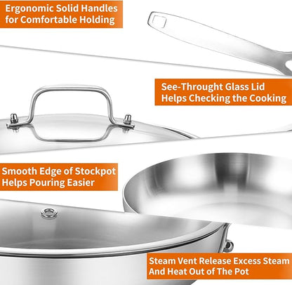 DELARLO Tri-ply Stainless Steel Frying Pan Set with Lid 10" 12" large Skillets Induction Chef's Pan,Pots and Pans Set Kitchen Cookware Set Dishwasher and Oven Safe