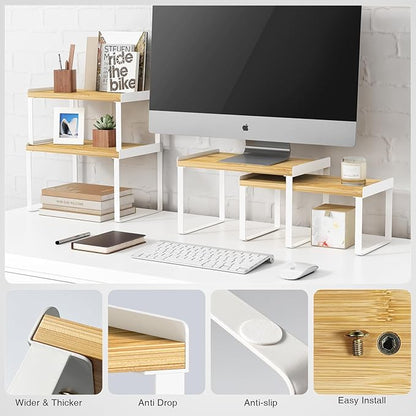Kitchen Cabinet Organizer Set of 4, Desk Shelf Riser, Stackable Cabinet Pantry Cupboard Organizer, Kitchen Counter top Shelf, Storage Rack for Spices, Plates, Bamboo Wood, White