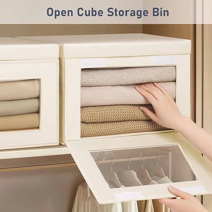 DIMJ Storage Bins with Lids - 5 Pack Fabric Closet Organizer with Window & Handles, Collapsible Decorative Storage Boxes for Shelves Under Bed, Books Clothes Blankets Sweaters Organization