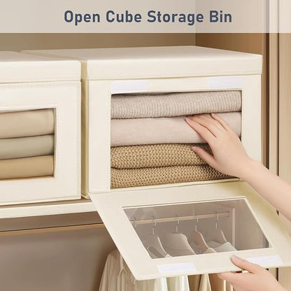 DIMJ Storage Bins with Lids - 4 Pack Fabric Closet Organizer with Window & Handles, Collapsible Decorative Storage Boxes for Shelves Under Bed, Books Clothes Blankets Sweaters Organization