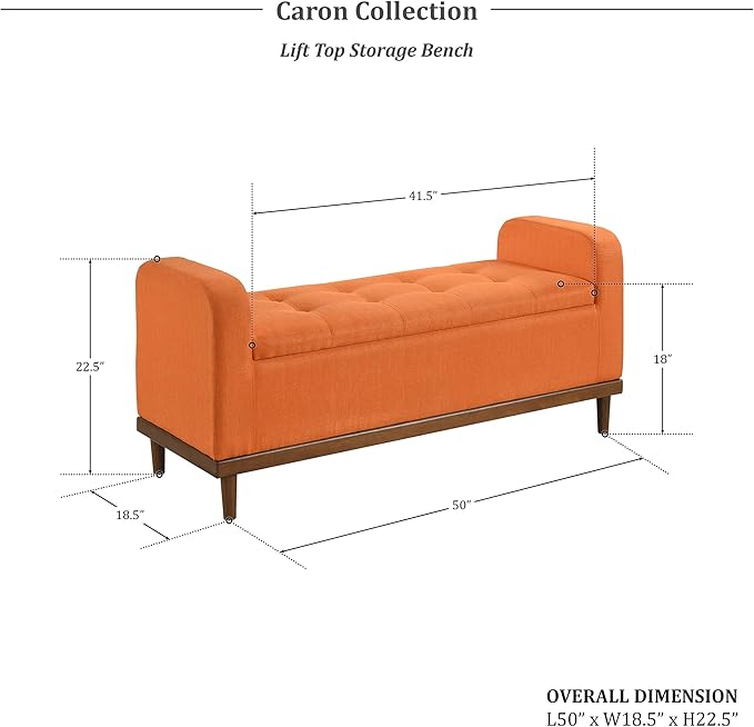 Lexicon Armed Fabric Storage Bench, Button-Tufted Storage Ottoman Bench, Lift-top Bench with Solid Wood Frame and Legs for Hallway, Bedroom End of Bed, Entryway, Living Room, Orange