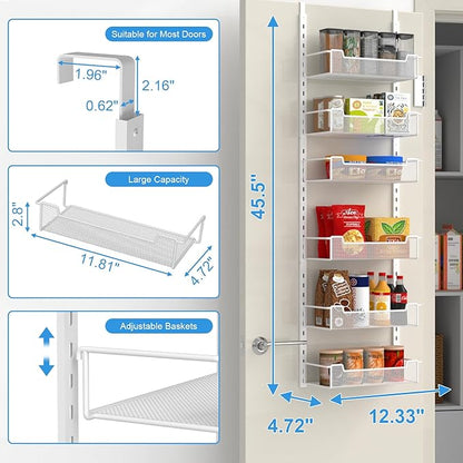 VyGrow 12.3" W Narrow Over the Door Pantry Organizer, 6-Tier Over the Door Organizer with Adjustable Basket, Pantry Door Organization for Pantry Kitchen Storage Room Spice Rack, White
