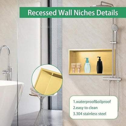SaniteModar Shower Niche, Stainless Steel Shower Niche 12" X 24" No Tile Needed, Recessed for Bathroom Storage, Brushed Gold (Brushed Gold, 12x24)
