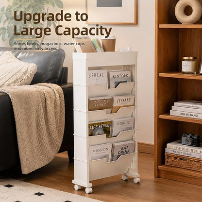 SDLP 5-Tier Rolling Bookshelf, Rolling Book carts with Wheels,Book Storage Rack,Utility Carts, Movable File Folder Organizer Cart for Home,Study,Office,Living Room,Classroom, (White, 5 Tier)