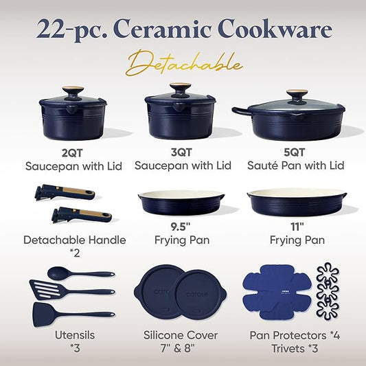 CAROTE 22Pcs Titanium Cookware Set, Pots and Pans Set Non Stick, Kitchen Cooking Set with Detachable Handle, Non Toxic Induction Cookware, Dishwasher/Oven Safe，Blue