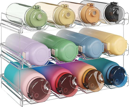 Lifewit Stackable Water Bottle Organizer for Cabinet, Plastic Bottle Holder Fits Bottles/Tumblers up to 3.8" Diameter for Pantry/Countertop, 3 Tier Holds14 Bottles 41 x 20 x 24 cm/16 x 8 x 9.5