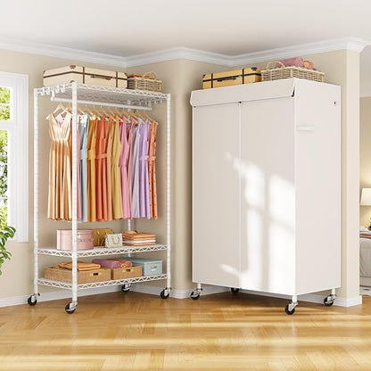 P6C Rolling Clothes Rack with Cover, Covered Clothing Racks Heavy Duty, Portable Closet for Hanging Clothes, Garment Racks on Wheels, White Closet Rack with White Cover, Max Load 365LBS