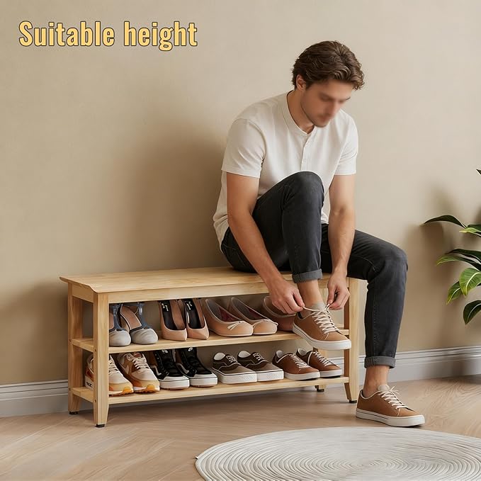 Wood Shoe Bench for Entryway,Bench with Shoe Rack,Storage Shoe Organizer for Hallway,Living Room,Bedroom (Natural, 39.37''W×11.81‘’D×17.71‘’H)