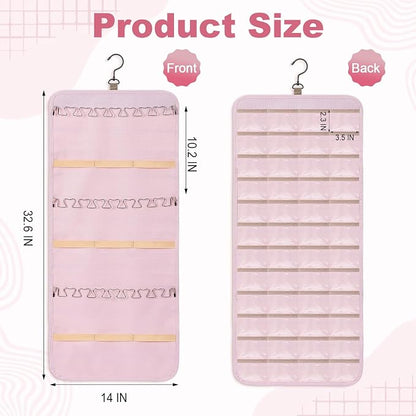 Dynoro Double-Sided Hanging Jewelry Organizer, Large Pink Storage Roll for Earrings, Necklaces, Rings, 48 Pockets 21 Hooks, Durable Oxford Fabric for Closet, Wall, Door, 1 piece, Jewelry Not Included