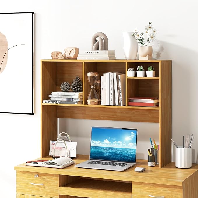 LDAILY Desktop Bookshelf, 2-Tier Office Desk Shelf Organizer with 4 Shelves, 37’’L Wood Storage Rack Display Shelf for Computer Desk, Office, Dorm, Bedroom (Burlywood)