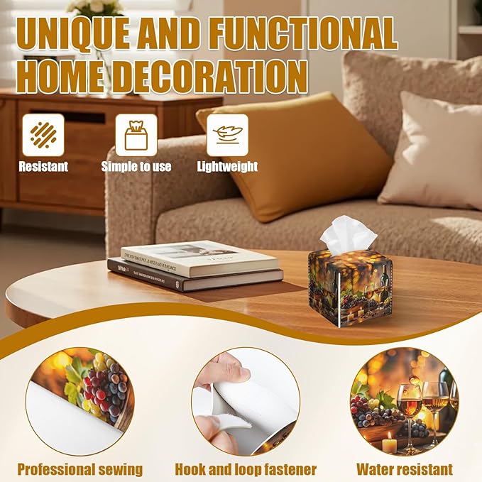 Vintage Wine Glass Tissue Box Cover 2PCS, Leather Tissue Box Holder Square Facial Paper Case Tissue Box Cube Organizer for Bathroom Bedroom Desk Office