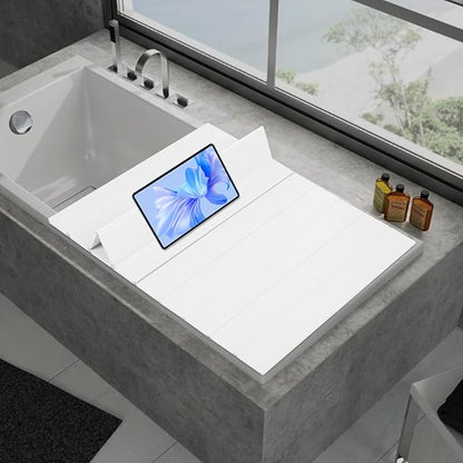 White Wood Grain Foldable Bathtub Cover, PVC Waterproof Dustproof Bath Tub Lid, Heat Preservation Bathroom Tub Tray for Home Hotel Spa (59.06×31.5×0.26)