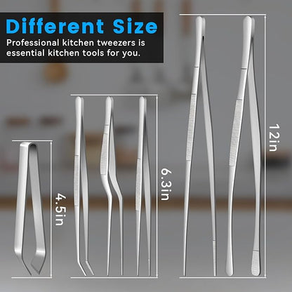 HOTEC Kitchen Tweezers Tongs Stainless Steel, Set of 6 - Professional Cooking Tweezers for Cooking, Chefs, BBQ, Seafood, Baking & Repair
