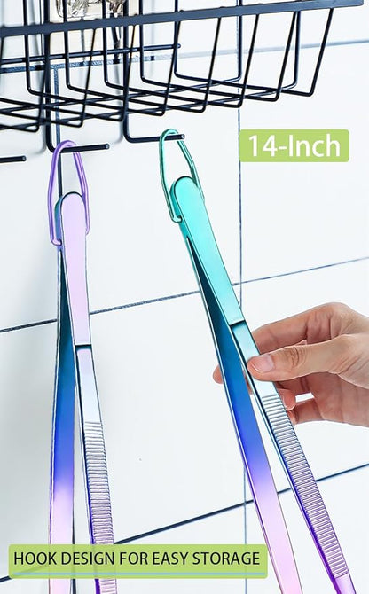 JETKONG 2 Pcs 14-Inch Culinary Tweezers Extra Long Food Tweezers Kitchen Tweezer Tongs for Cooking Grilling and BBQ (Rainbow)
