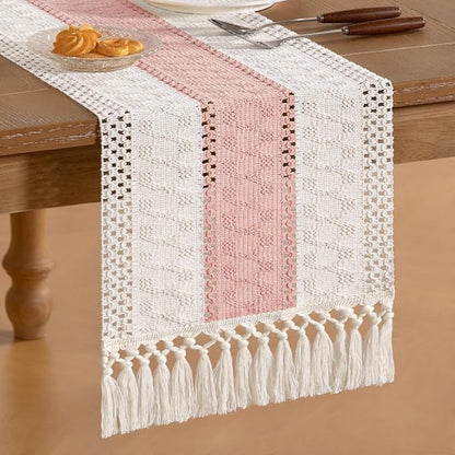 Socomi Boho Table Runner Valentine's Day Farmhouse Rustic Dining Kitchen Centerpiece Decor Small Macrame Woven Cotton Linen Coffee Table Runner for Dresser Scarf Home Decor 12x60 inPink Ivory