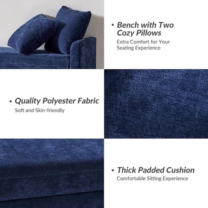 HULALA HOME Modern Storage Ottoman Bench with Throw Pillows, 59.4" Extra Long Bedroom Bench for End of Bed, Comfy Upholstered Footstool for Entryway Living Room Dining Room, Navy