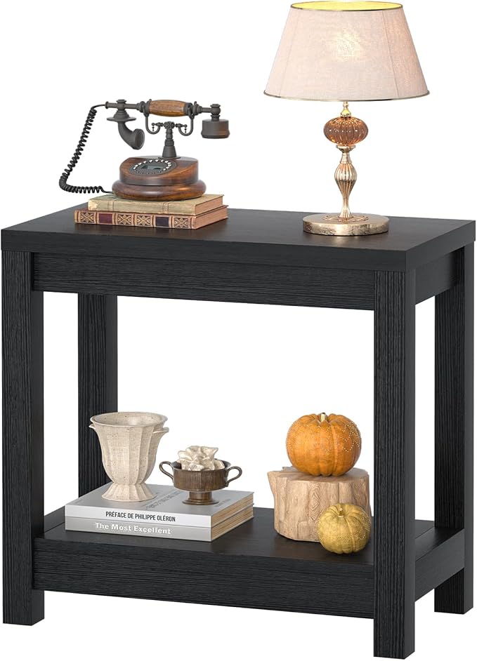 Farmhouse End Table, Narrow Side Table, Slim End Table with Storage Shelf, Small Console Table for Small Spaces, Nightstand Sofa Table for Living Room, Bedroom, 24" Embossed Wood Grain Black