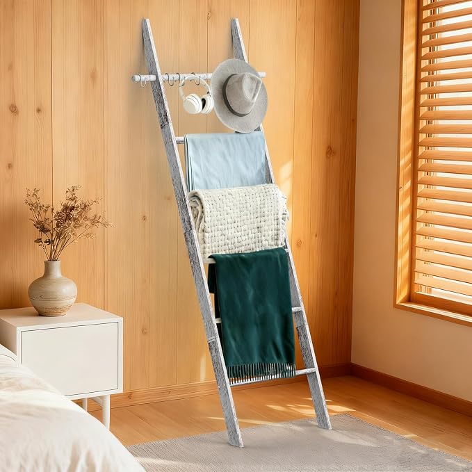 Farmhouse Wooden Blanket Ladder Living Room with Removable Hooks, 6-Tier Blanket Rack Decorative Stand, Leaning Towel Quilt Rack Holder for Bathroom Decor Rustic White