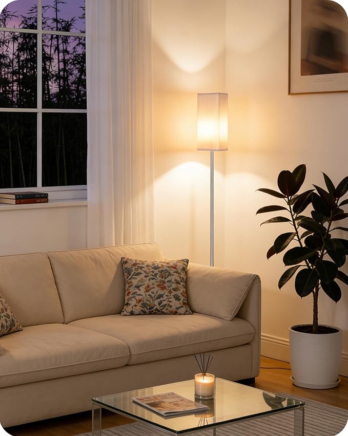 64.2” Dimmable Floor Lamp for Living Room with Remote and Foot Switch, Corner Floor Lamp for Bedroom, Includes 10W A19 Bulb, Modern Standing Tall Lamp, ETL Listed, Silver and White SCW17LD05