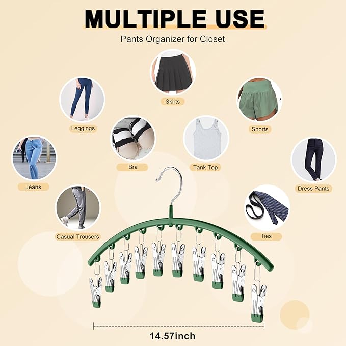 Legging Organizer for Closet, Metal Yoga Pants Hangers 1 Pack w/10 Clips Holds 10 Leggings, Space Saving Hanging w/Rubber Coated Closet Organizers and Storage, Green