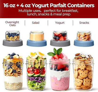 2 Pack Glass Yogurt Parfait Cups with Lids, 16+4oz Reusable Containers with Dry & Wet Separation, Leak-Proof for Overnight Oats, Meal Prep, Portable to Work & School, Easy Clean (Blue+Grey)
