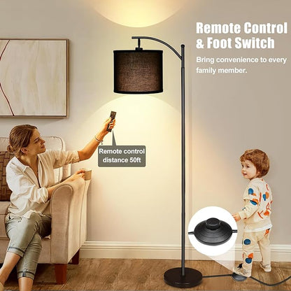 LED Floor Lamps for Living Room, 12W Modern Arc Floor Lamp with Remote & Adjustable Linen Lampshade, Stepless Dimmable Tall Standing Lamp for Bedroom Office Reading (Black Shade)