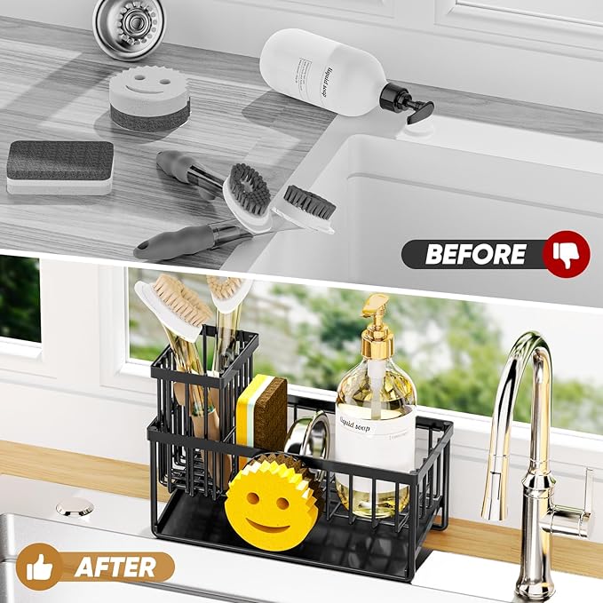 Taugast Sponge Holder for Kitchen Sink,Smiley Face Sink Caddy with Removable Brush Holder,Self-Draining Sponge Caddy for Soap,Dish Brush,Scrubber,Kitchen Essentials and Gadgets