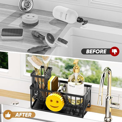 Taugast Sponge Holder for Kitchen Sink,Smiley Face Sink Caddy with Removable Brush Holder,Self-Draining Sponge Caddy for Soap,Dish Brush,Scrubber,Kitchen Essentials and Gadgets