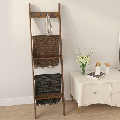 IBUYKE 5-Tier Blanket Ladder Shelf,Ladder Rack for Storage and Decor,Wooden Blanket Holder with Hooks,Easy Assembly for Bedroom,Rustic Brown TTR006H
