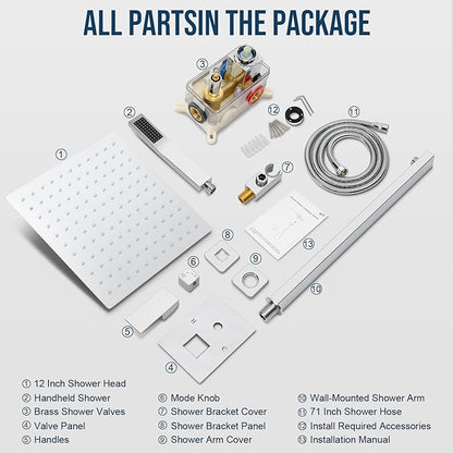 Shower Faucet Set Bathroom Square Rain Shower Head and Handle Set, Wall Mounted Shower Fixtures With Shower Valve and Trim Kit 12 inch Polished Chrom