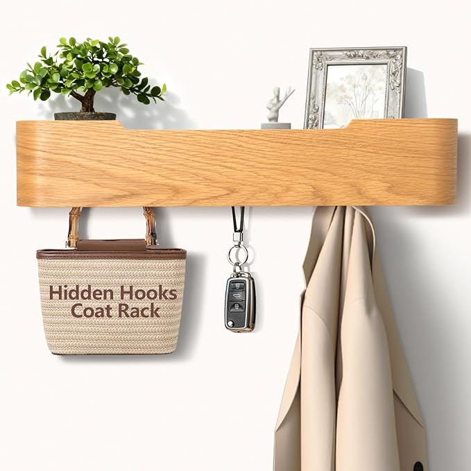 Coat Rack Wall Mount with Hidden Hooks Modern Key Holder Wood Entryway Hook with Shelf for Bedroom Kitchen Hallway Bathroom Designed for Hanging Coats Hats Bags Towels Dog Leashe(Oak,5 Hooks)