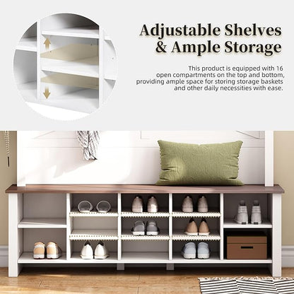 Merax Farmhouse Wood Hall Tree with 6 Hooks and Entryway Shoe Bench, 4-in-1 Coat Rack with 16 Open Compartments & Adjustable Shelves, for Entrance, Hallway, Mudroom, White