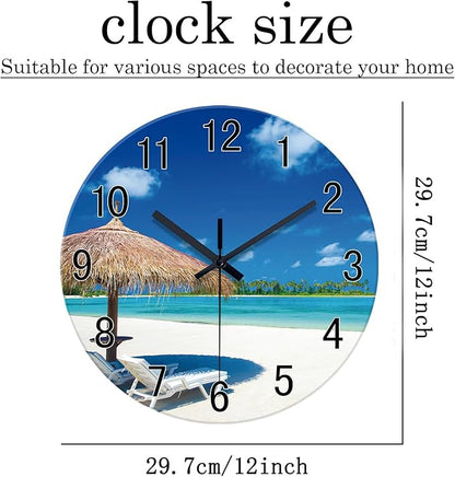XFM Blue Beach Wall Clock 12 Inch Silent Glass Wall Clocks Battery Operated Tropical Summer Coastal Clock Decorative for Bedroom Living Room Office