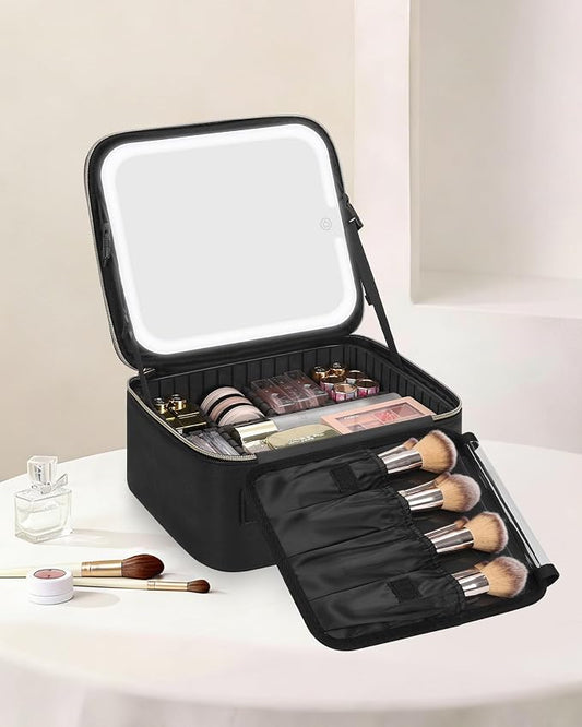 Chomeiu Makeup Bag with LED Mirror, Travel Makeup Case for Women and Makeup Artists Cosmetic Organizer Large Make Up Bags with Light Up Mirror, 3 Color Lights, Adjustable Dividers and Brush Holder