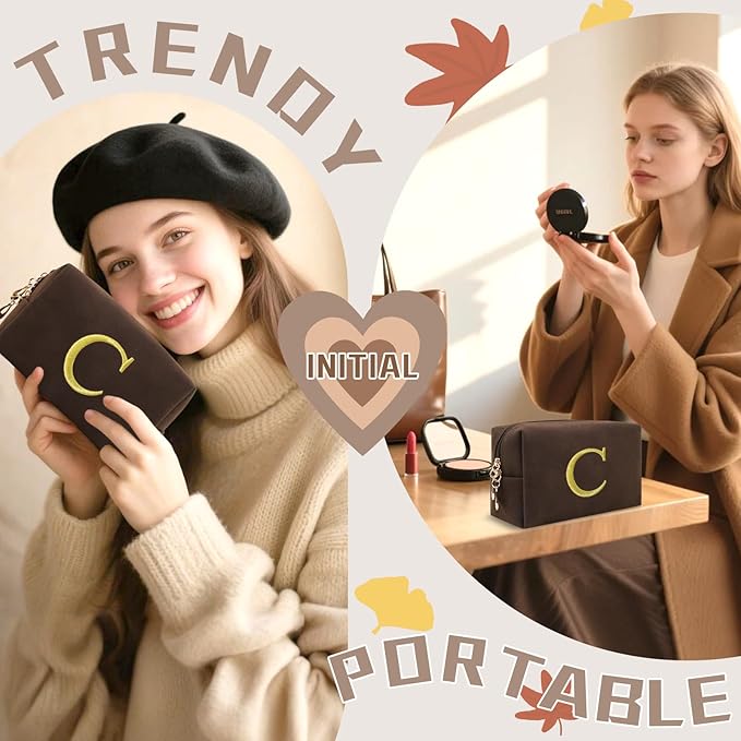 Personalized Initial Makeup Bag,Preppy Suede Cosmetic Bag for Teen Girls,Small Monogram Travel Toiletry Bag With Gold Embroidered Letter,Trendy Stuff Custom Christmas Gift for Women(Coffee-C)