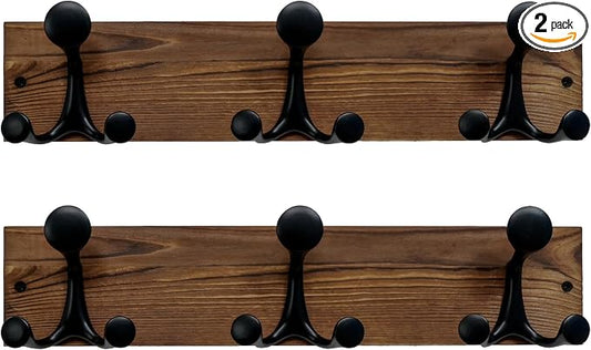 SKOLOO 17-Inch Wood Coat Rack Wall Mount with 3 Triple Hooks - Ideal for Family Entrances, Classrooms, and Pet Supplies Storage - Perfect Coat Hooks for Wall,Charred Golden Brown, Pack of 2