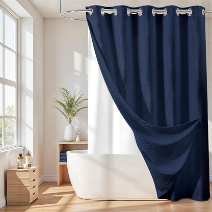 River Dream Hotel Grade No Hooks Needed Shower Curtain with Snap in Liner,Water Repellent, Machine Washable (Navy Blue, 71"x86"(W/Liner))