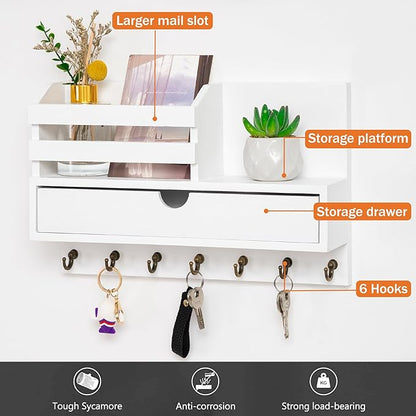 Key and Mail Holder for Wall, Mail Organizer Wall Mount with 6 Hooks and Storage Drawer, Wooden Key Rack Hanger with Shelf for Entryway and Home Decor