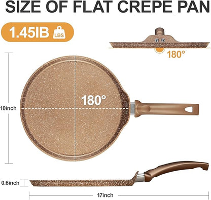 Innerwell Nonstick Crepe Pan, Granite Coating Flat Skillet Dosa Tawa Tortilla Pan, 10 inch Pancake Griddle Roti Pan With Stay-Cool Handle, Induction Compatible, PFOA Free