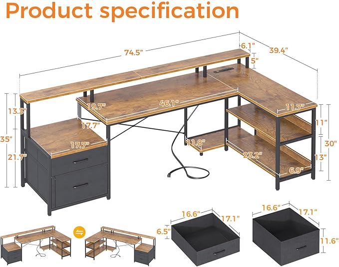 ODK 75" L Shaped Desk with File Drawers, Work from Home Office Desk with Power Outlet, Reversible Computer Desk with Storage Shelves, Gaming Desk with Monitor Shelf, Corner WFM Table, Vintage