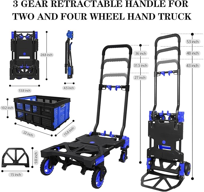 Oyoest 2 in 1 Folding Hand Truck with Folding Basket,Heavy Duty Hand Truck Dolly 330lbs Capacity with Telescoping Handle and Rubber Wheels,Portable Dolly Cart with Bungee Cords for Moving