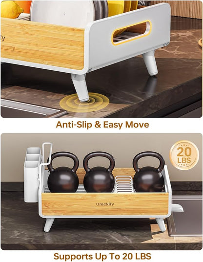 Urackify Dish Drying Rack for Kitchen Counter - Stainless Steel & Bamboo Dish Rack with Large Removable Utensil Holder, Dish Drainer with Adjustable Automatic Spout, White